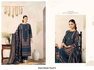 Azara Classic Touch 5 Vol 5: Teal salwar suit with floral printed dupatta, featuring intricate thread work embroidery on the kurti front and hem.
