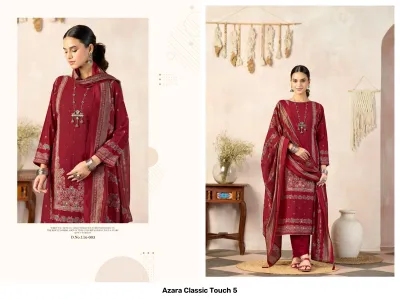 Azara Classic Touch 5 Vol 5: Maroon salwar suit with floral printed dupatta, featuring delicate thread work embroidery and embellishments on the kurti.