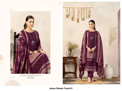 Azara Classic Touch 5 Vol 5: Purple salwar suit with matching floral printed dupatta, featuring detailed thread work embroidery on the kurti hem.