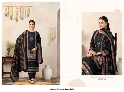 Azara Classic Touch 5 Vol 5: Black salwar suit with floral printed dupatta, featuring ornate thread work embroidery on the kurti front.
