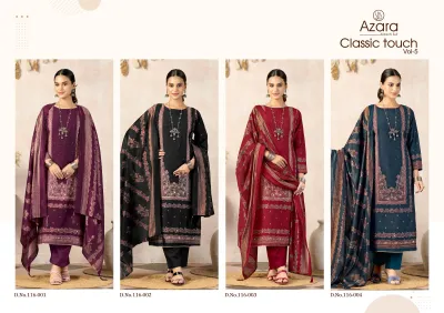 Azara Classic Touch 5 Vol 5: Catalog collage showing four salwar suit designs in purple, black, maroon, and teal with floral prints and embroidery.