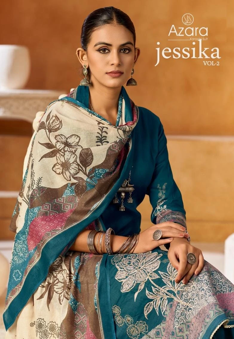Azara Jessika 2 design 1 of 6 — Pure Jaam Cotton Semi Stitched Suits with print by Azara, wholesale Surat