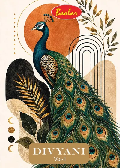Baalar Divyani Vol 1 catalog cover featuring an artistic peacock illustration with floral and geometric elements.