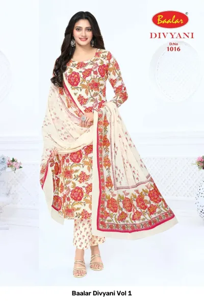 Baalar Divyani Vol 1 cream and red floral printed salwar suit with straight pants and a matching dupatta.