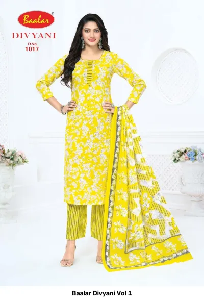 Baalar Divyani Vol 1 bright yellow floral printed salwar suit with striped pants and a matching dupatta.
