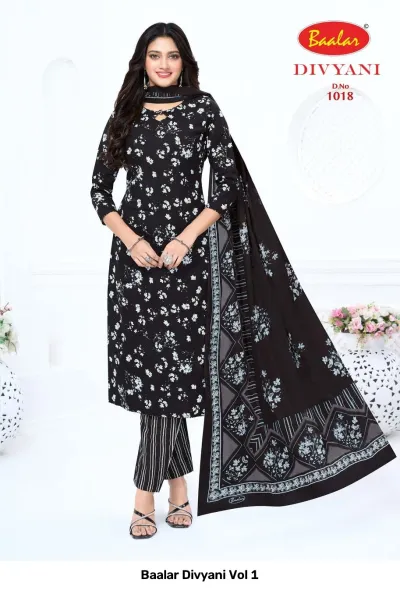 Baalar Divyani Vol 1 black floral printed salwar suit with striped pants and a matching printed dupatta.