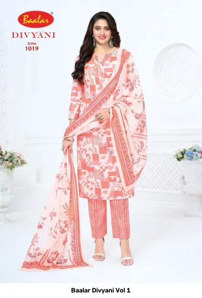 Baalar Divyani Vol 1 peach geometric printed salwar suit with striped pants and a matching floral dupatta.
