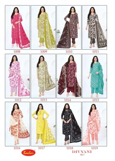 Baalar Divyani Vol 1 catalog collage displaying various printed salwar suit designs with their corresponding product codes.