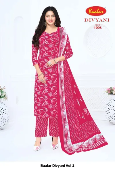 Baalar Divyani Vol 1 pink floral printed salwar suit with straight pants and a matching dupatta.