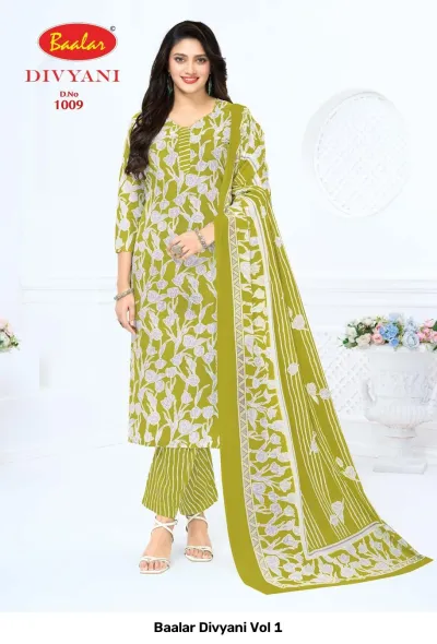 Baalar Divyani Vol 1 lime green floral printed salwar suit with straight pants and a coordinating dupatta.