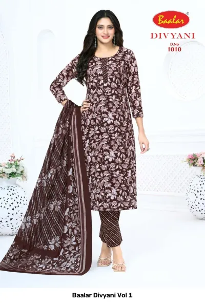 Baalar Divyani Vol 1 dark brown floral printed salwar suit with striped pants and a matching dupatta.