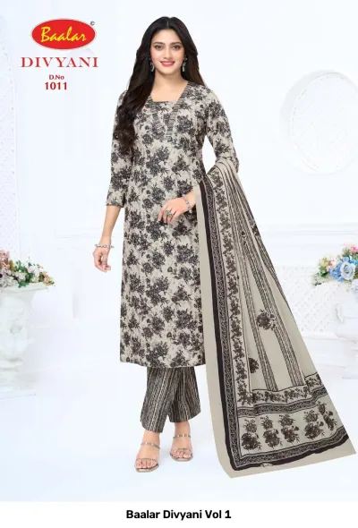 Baalar Divyani Vol 1 grey floral printed salwar suit with striped trousers and a matching printed dupatta.