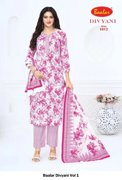 Baalar Divyani Vol 1 white and pink floral printed salwar suit with patterned pants and a matching dupatta.