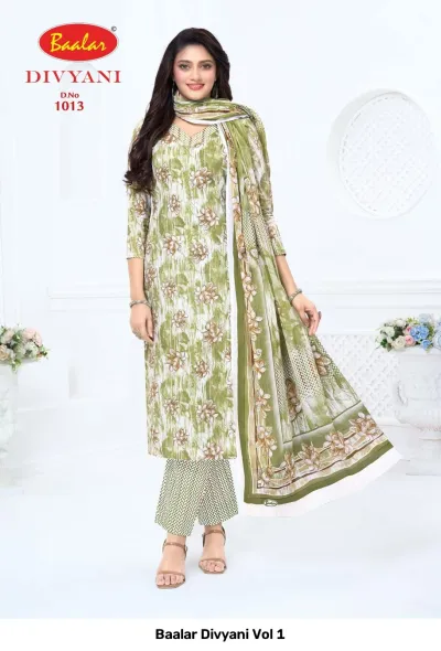 Baalar Divyani Vol 1 olive green floral printed salwar suit with striped pants and a printed dupatta.