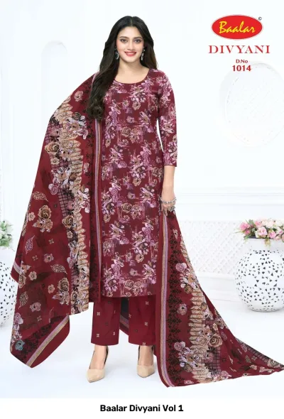 Baalar Divyani Vol 1 dark red floral printed salwar suit with straight pants and a matching dupatta.