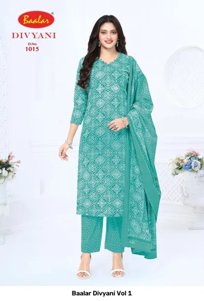 Baalar Divyani Vol 1 turquoise blue geometric printed salwar suit with matching trousers and a printed dupatta.