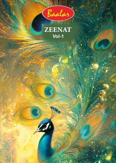 Baalar Zeenat Vol 1 catalog cover featuring a peacock feather design.