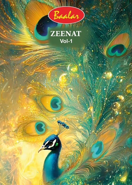 Baalar Zeenat Vol 1 catalog cover featuring a peacock feather design.