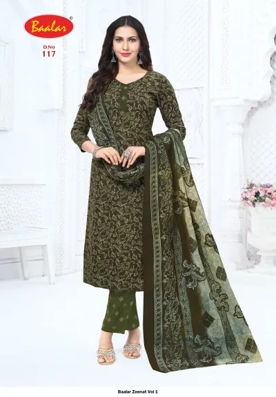 Baalar Zeenat Vol 1 olive green floral printed salwar suit with matching dupatta.