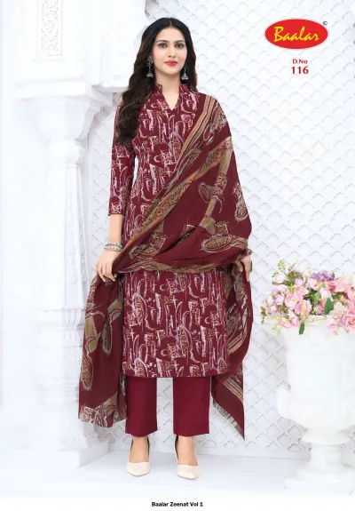 Baalar Zeenat Vol 1 dark red abstract printed salwar suit with matching dupatta.