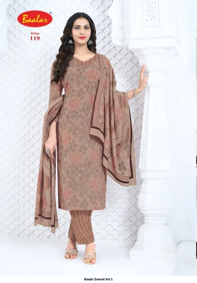 Baalar Zeenat Vol 1 brown floral printed salwar suit with striped trousers and dupatta.