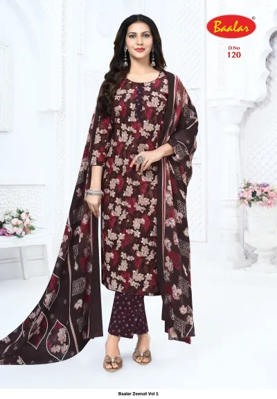 Baalar Zeenat Vol 1 dark brown floral printed salwar suit with matching dupatta.