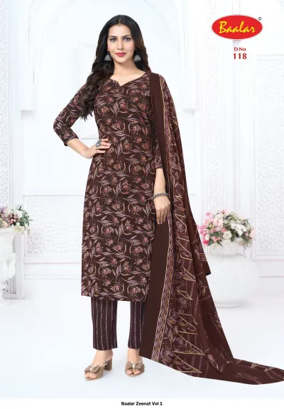 Baalar Zeenat Vol 1 brown floral printed salwar suit with striped trousers and dupatta.