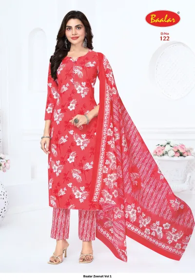 Baalar Zeenat Vol 1 red floral printed salwar suit with matching dupatta.