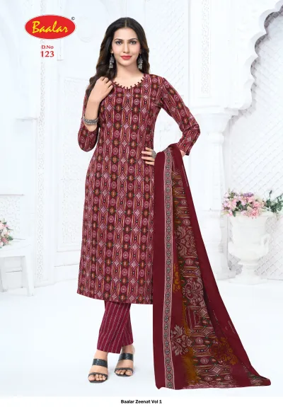 Baalar Zeenat Vol 1 dark red geometric printed salwar suit with matching dupatta.