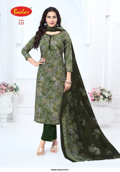 Baalar Zeenat Vol 1 olive green floral printed salwar suit with matching dupatta.