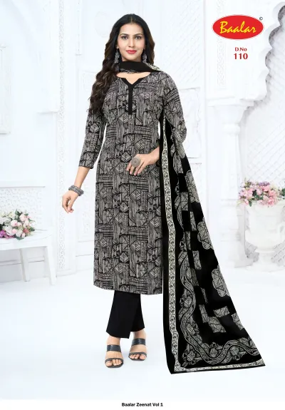 Baalar Zeenat Vol 1 black and white geometric printed salwar suit with matching dupatta.