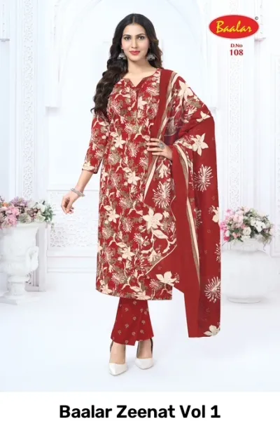 Baalar Zeenat Vol 1 red and beige floral printed salwar suit with matching dupatta.