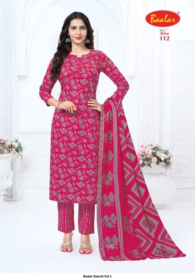 Baalar Zeenat Vol 1 pink floral printed salwar suit with striped trousers and dupatta.