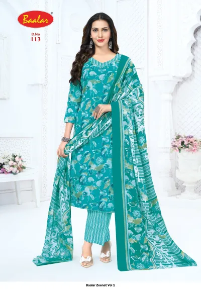 Baalar Zeenat Vol 1 teal floral printed salwar suit with striped trousers and dupatta.