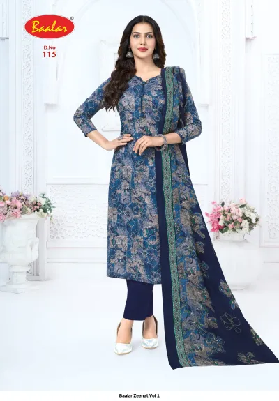 Baalar Zeenat Vol 1 blue floral printed salwar suit with matching dupatta.