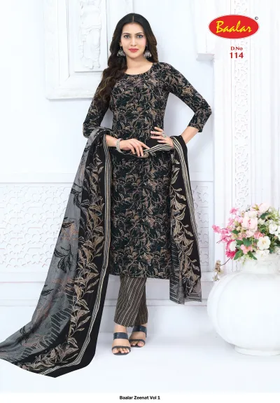 Baalar Zeenat Vol 1 black floral printed salwar suit with striped trousers and dupatta.
