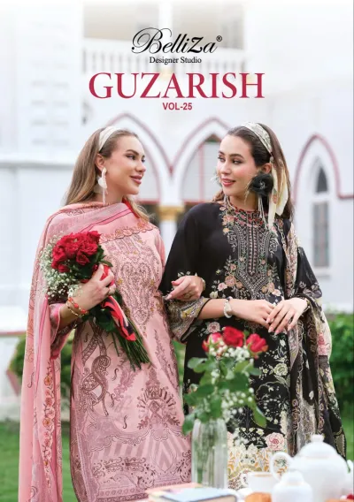 Belliza Guzarish Vol 25: Catalog cover featuring two models in printed salwar suits with embroidery and floral patterns.