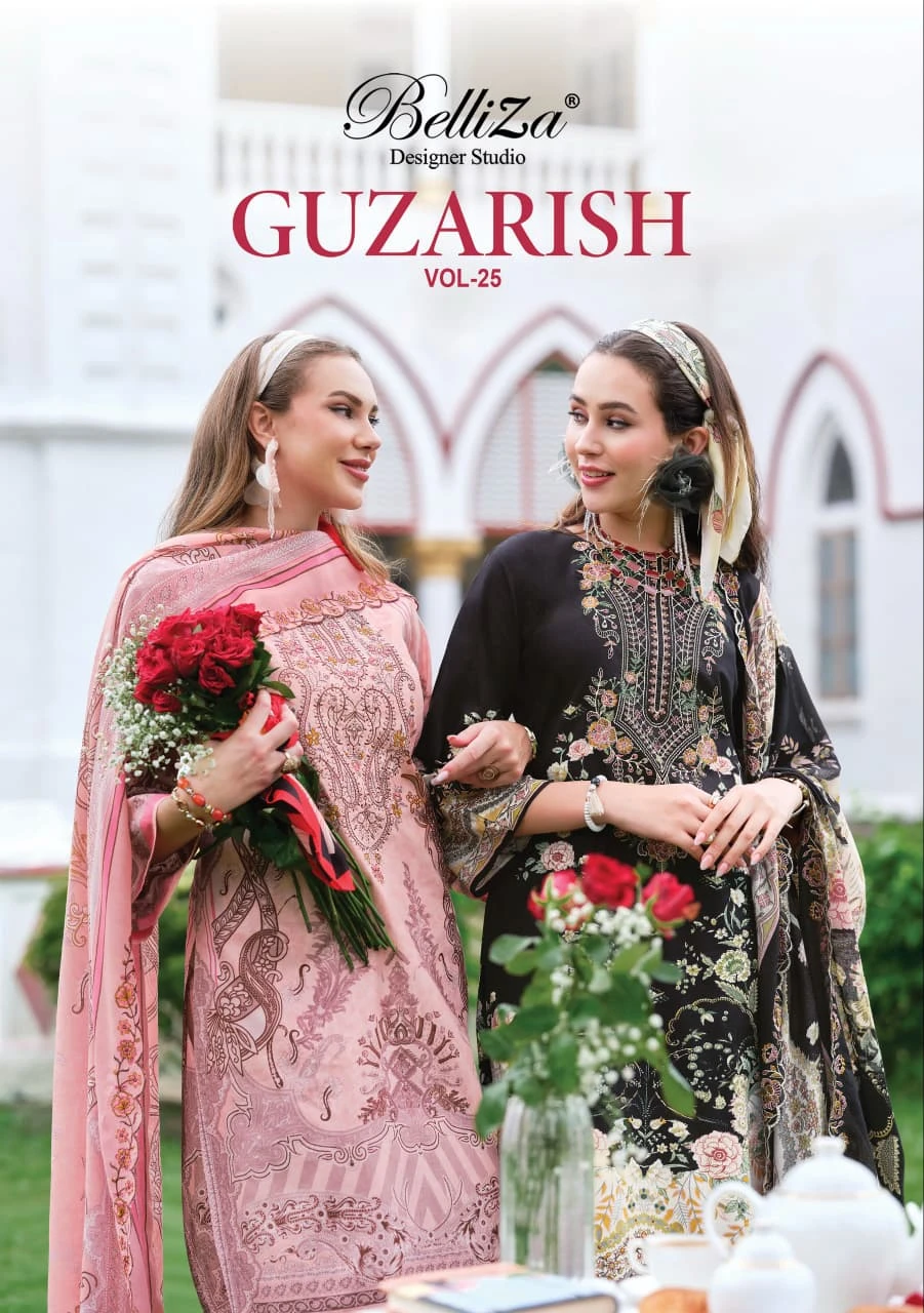 Belliza Guzarish Vol 25: Catalog cover featuring two models in printed salwar suits with embroidery and floral patterns.
