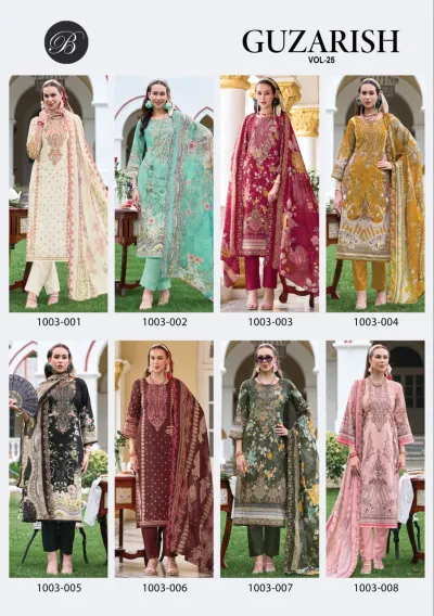 Belliza Guzarish Vol 25: Catalog collage showcasing eight different printed salwar suit designs in various colors with embroidery.