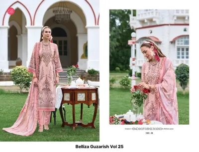 Belliza Guzarish Vol 25: A model wearing a peach printed salwar suit with delicate embroidery, paired with a matching dupatta.