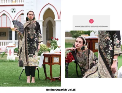 Belliza Guzarish Vol 25: A model wearing a black printed salwar suit with intricate floral thread work and embroidery details.