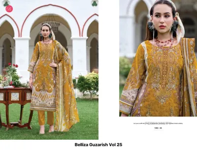 Belliza Guzarish Vol 25: A model wearing a mustard yellow printed salwar suit featuring paisley-inspired floral patterns and subtle thread work.