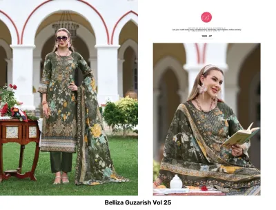 Belliza Guzarish Vol 25: A model wearing an olive green floral printed salwar suit with embroidery on the bodice and dupatta.