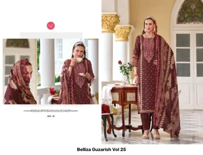 Belliza Guzarish Vol 25: A model wearing a deep brown printed salwar suit with intricate thread work and traditional floral motifs.