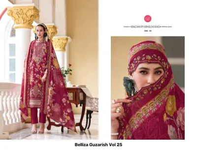 Belliza Guzarish Vol 25: A model wearing a maroon printed salwar suit with extensive floral patterns and detailed embroidery.