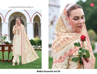 Belliza Guzarish Vol 25: A model wearing a cream-colored printed salwar suit featuring delicate floral embroidery and a matching printed dupatta.