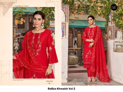 Belliza Khwaish Vol 2: Red salwar suit with intricate thread work embroidery and matching red dupatta.