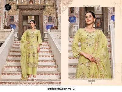 Belliza Khwaish Vol 2: Lime green salwar suit with elaborate thread work embroidery and matching dupatta.