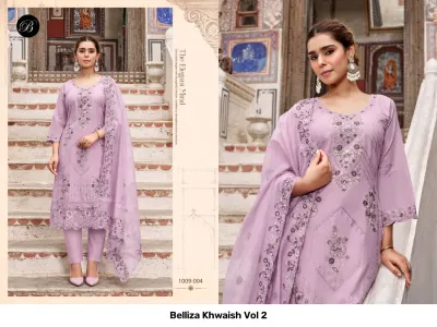 Belliza Khwaish Vol 2: Lilac salwar suit with detailed thread work embroidery and matching dupatta.