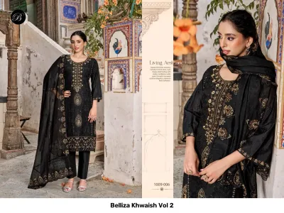 Belliza Khwaish Vol 2: Black salwar suit with metallic-colored thread work embroidery and matching dupatta.